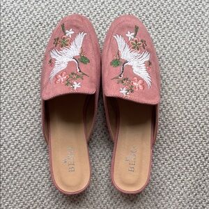 BEBO Pink Embroidered Crane Slip-On Mules